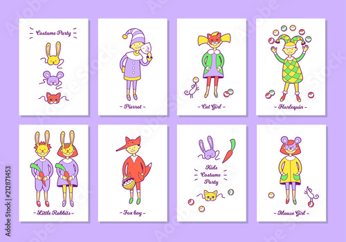 Kids costume party. Cute cards set.