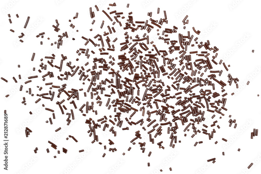 Chocolate sprinkles, granules isolated on white background and texture, top view