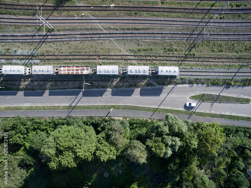 railway, trains with wagons, view from above