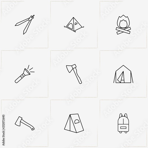 Tourism line icon set with backpack, hatchet and camping tent