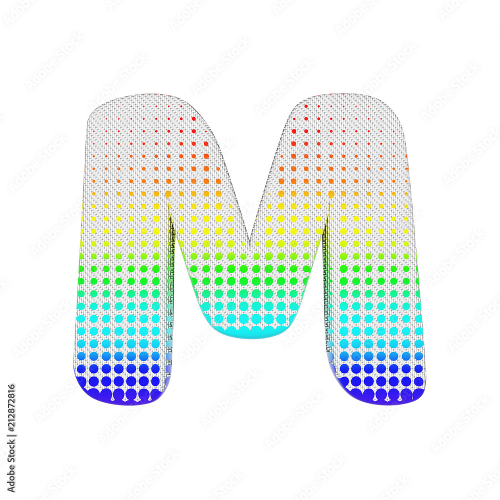 Alphabet letter M uppercase. Rainbow halftone font made of cotton texture. 3D render isolated on white background. Alphabet letter M uppercase. Rainbow halftone font made of cotton texture. 3D render isolated on white background.