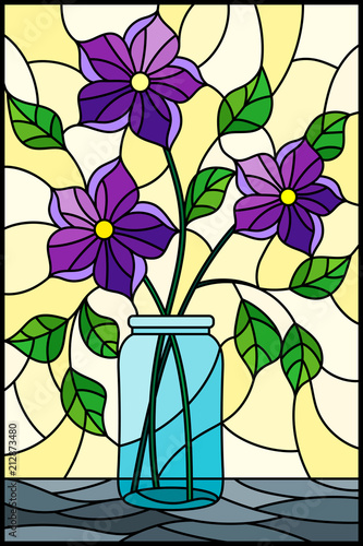 Illustration in stained glass style with still life, bouquet of purple flowers in a glass jar on a yellow background