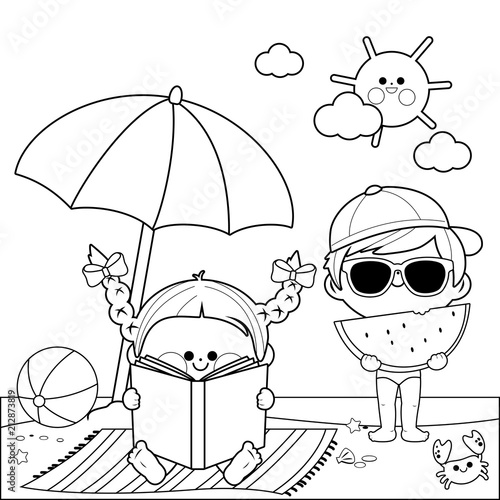 Children at the beach reading a book and eating a slice of watermelon under a beach umbrella. Vector black and white coloring page.