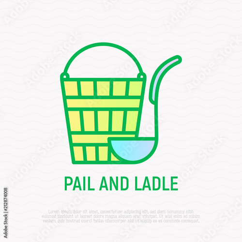 Pail and ladle thin line icon. Modern vector illustration,