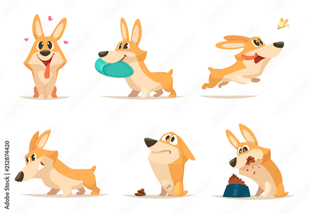 Various illustrations of funny little dog in action poses - obrazy, fototapety, plakaty 