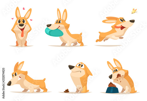 Various illustrations of funny little dog in action poses