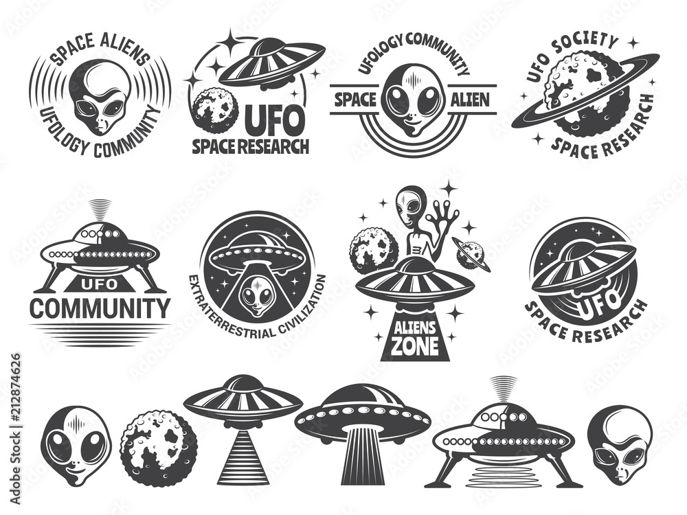Badges set with ufo and aliens. Vector design templates with place for ...
