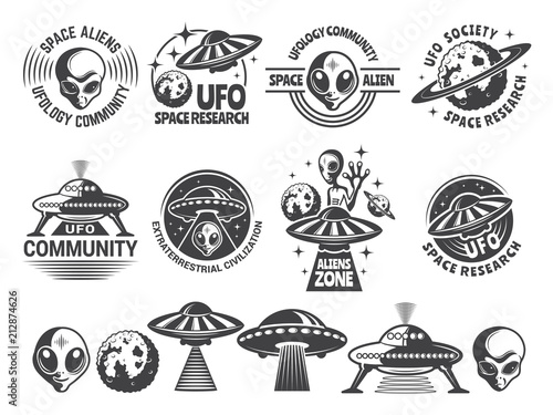 Badges set with ufo and aliens. Vector design templates with place for your text