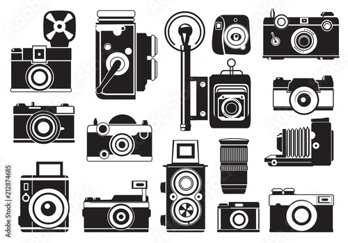 Pictures set of retro cameras. Vector monochrome illustrations