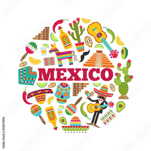 Mexican symbols. Circle shape with various colored pictures of mexican icons