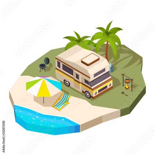 Camping car at the sea. Vector isometric composition