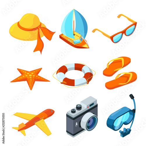 Summer time isometric. Travelling vector symbols