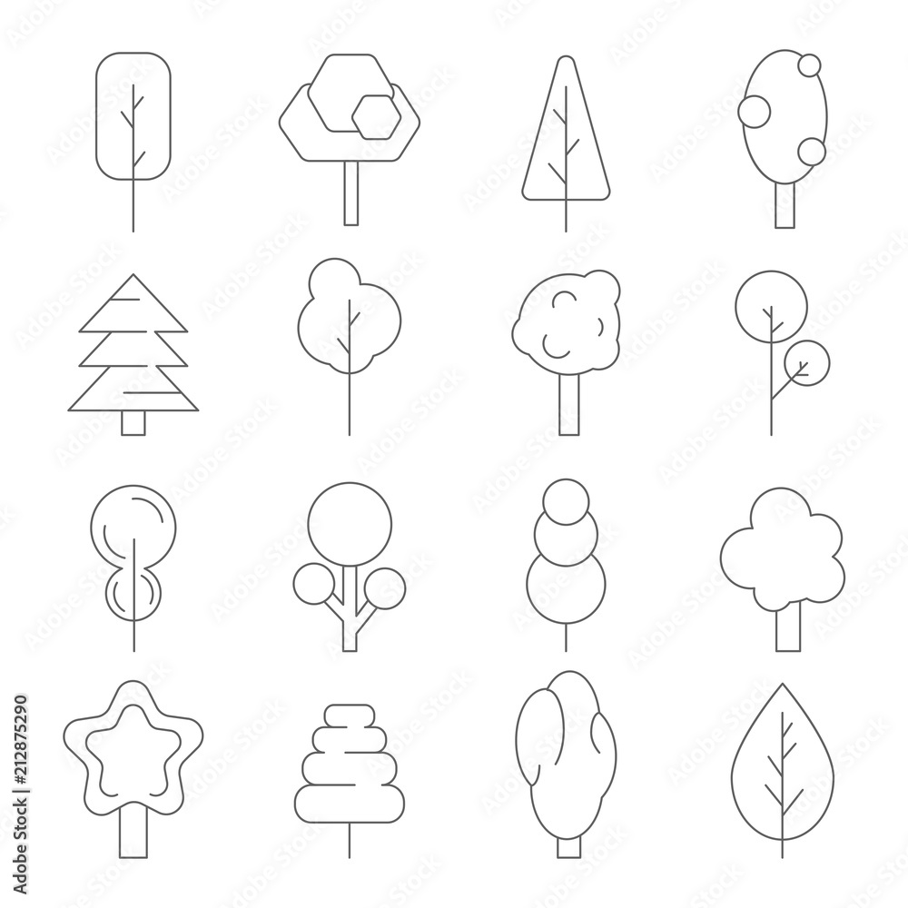 Stylized linear trees. Vector symbols of various plants Stylized linear trees. Vector symbols of various plants