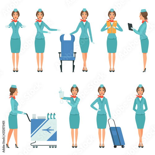Stewardess characters. Various mascots in action poses. Airport and flight workers
