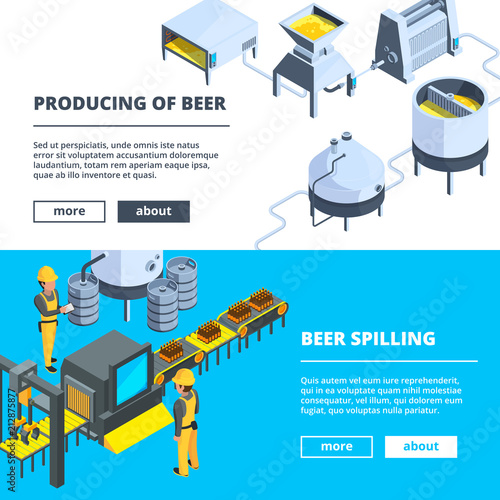 Brewery banners. Vector isometric illustrations of beer production