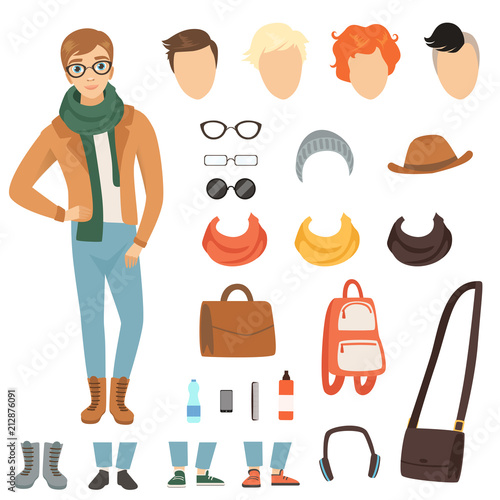 Clothing of fashionable guy. Cartoon male character with various fashion accessories and clothes