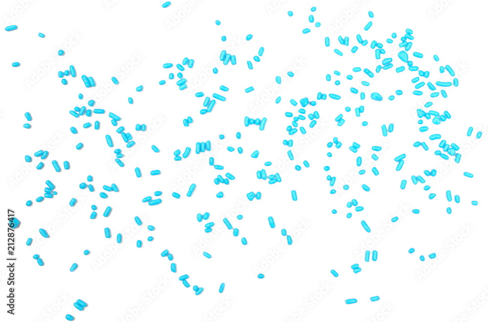 Blue chocolate sprinkles, granules isolated on white background and texture, top view