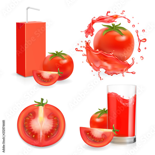 Tomato fresh juice. Realistic vegetable with splash and package vector icon set
