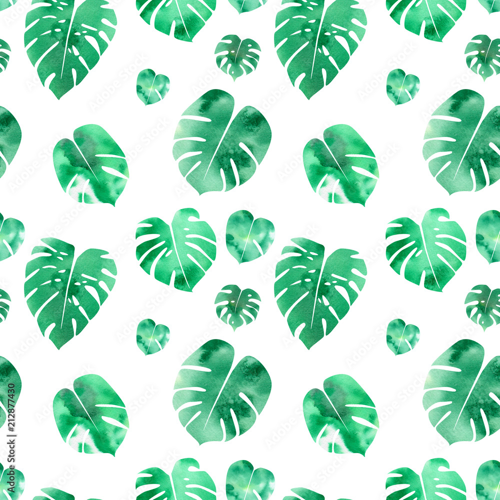 Watercolor leafs seamless pattern. Tropical plant. Floral design element. Abstract modern background. Exotic print for card, placard, cover, fabric.