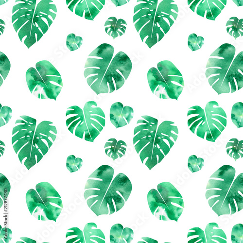 Watercolor leafs seamless pattern. Tropical plant. Floral design element. Abstract modern background. Exotic print for card, placard, cover, fabric.