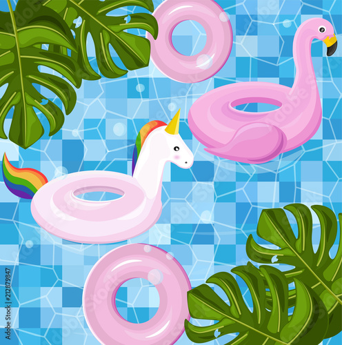 Pool floating toys Vector summer card background. Tropic season templates