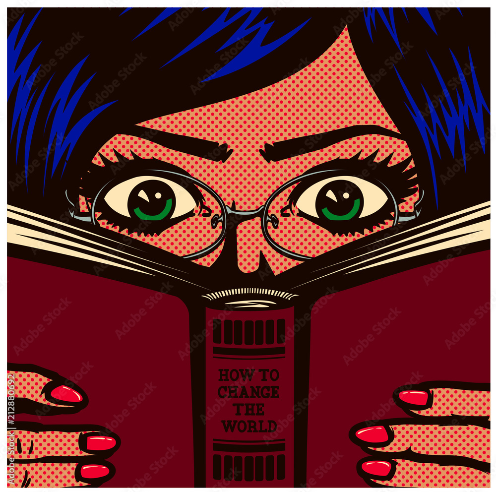 Pop art comic book style bookworm nerdy female student girl wearing glasses  studying and reading book manual vector illustration vector de Stock |  Adobe Stock