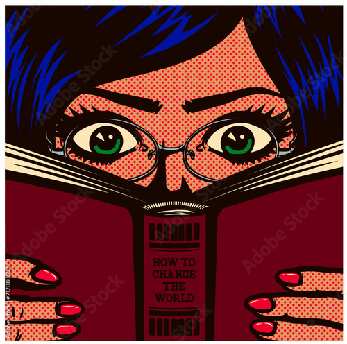 Pop art comic book style bookworm nerdy female student girl wearing glasses studying and reading book manual vector illustration