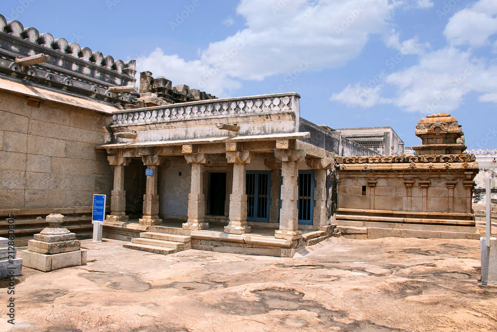 Side view of Kattale Basadi, Chandragiri hill, Sravanabelgola, Karnataka. The largset temple on the hill, enshrines the statue of Adinatha.