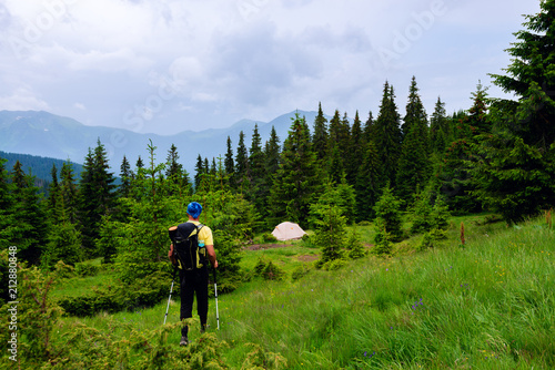 Adventurer with backpack walks along green mountain meadow