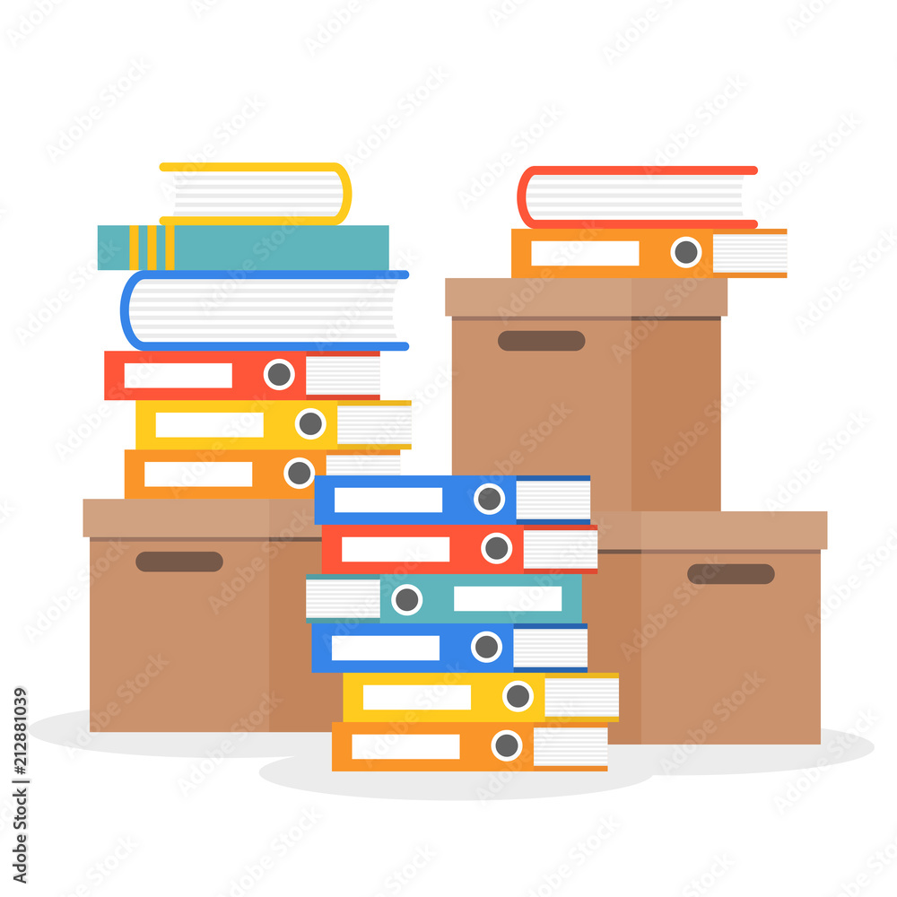 Stack of folder, books and paper boxes, flat design Stack of folder, books and paper boxes, flat design