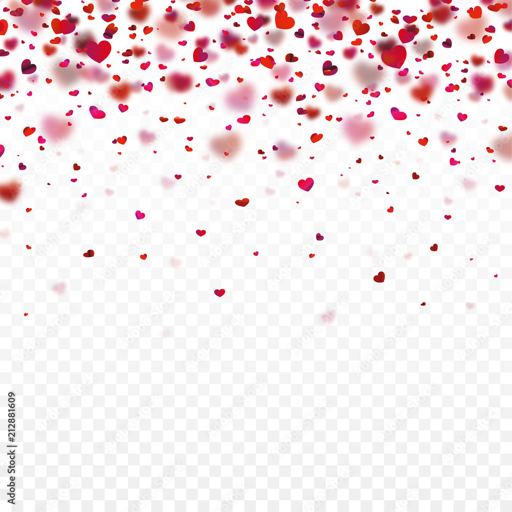 Stock vector illustration realistic falling shiny red hearts isolated on a transparent background. Valentine Day background. Symbol of love for the label gift packages Design element for greeting card