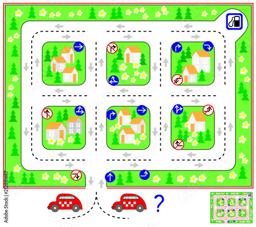 Logic puzzle game with labyrinth. Help the taxi driver find the way till petrol station and turn back respecting traffic signs. U-turns are prohibited. Vector cartoon image.