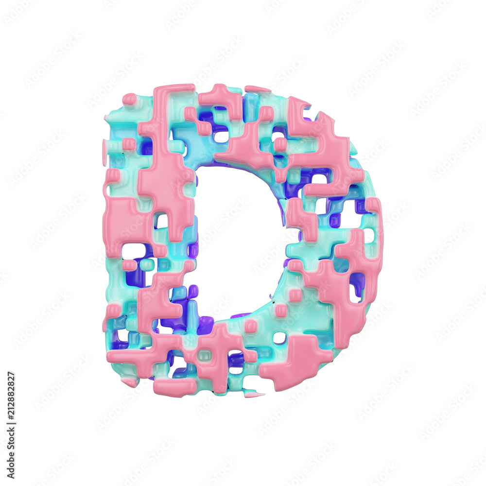 Alphabet letter D uppercase. Geometric font made of cubic blocks. 3D render isolated on white background.