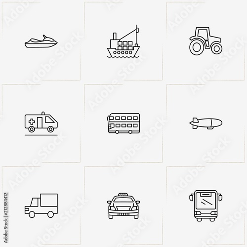 Transport line icon set with tractor , ship and water scooter