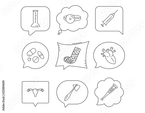 Syringe, beaker and pills icons. Medical signs.