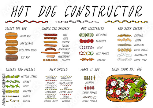 Hot Dog Ingredients Constructor. Sausage, Bun, Vegetables, Cheese, Salad Leaves, Sauce, Pepper. Fast Food Collection. Realistic Hand Drawn High Quality Vector Illustration. Doodle Style.