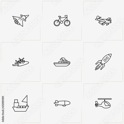 Transport line icon set with bicycle, airship and rocket
