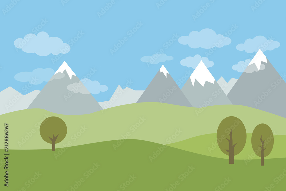 Vector flat landscape with green hills and trees and snowy mountains with clouds on blue sky.