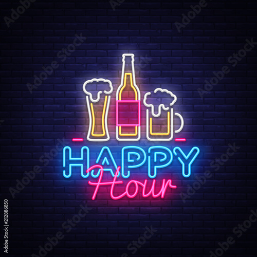 Happy Hour neon sign vector. Happy Hour Design template neon sign, Night Dinner, celebration light banner, neon signboard, nightly bright advertising, light inscription. Vector illustration
