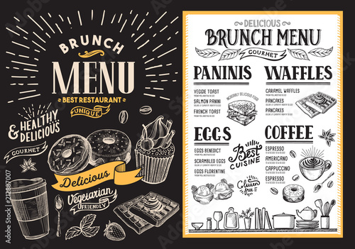 Brunch restaurant menu. Vector food flyer for bar and cafe. Template with vintage hand-drawn illustrations.