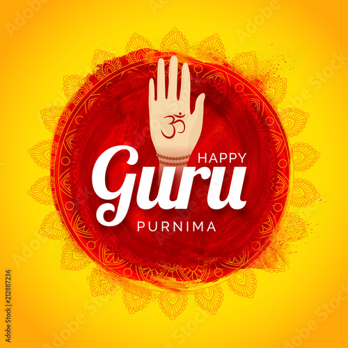 Abstract mandala design with hand on glowing yellow background for celebration of Indian and Nepalese festival Guru purnima.