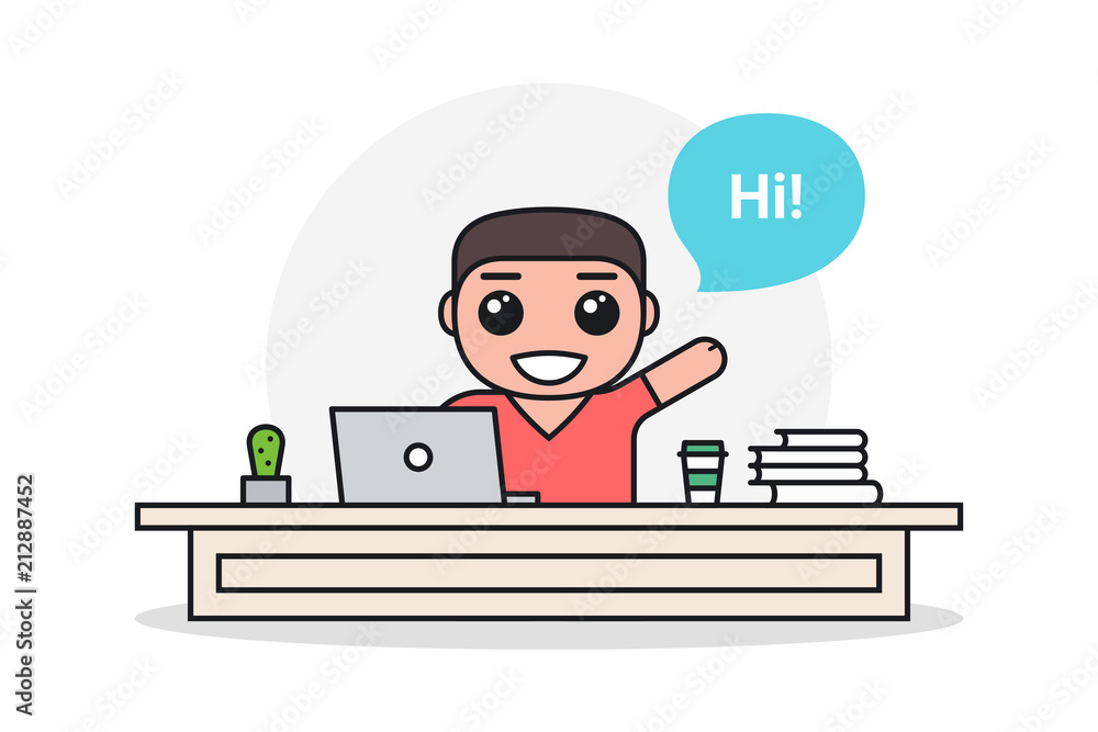 Young man working on laptop at office desk and speaking Hi. Cartoon  character in flat style Stock Vector | Adobe Stock