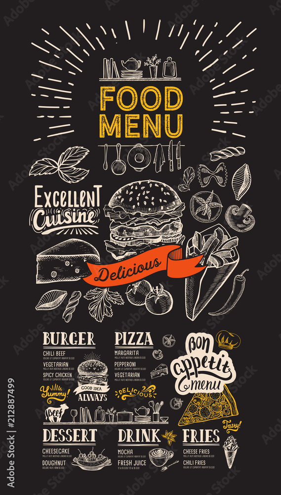 Food menu for restaurant. Flyer on blackboard background. Design template  with vintage hand-drawn illustrations. Stock Vector | Adobe Stock