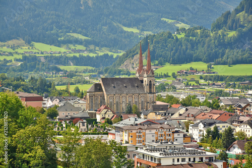 View over Town of St. Johann and church in Pongau region, State of Salzburg