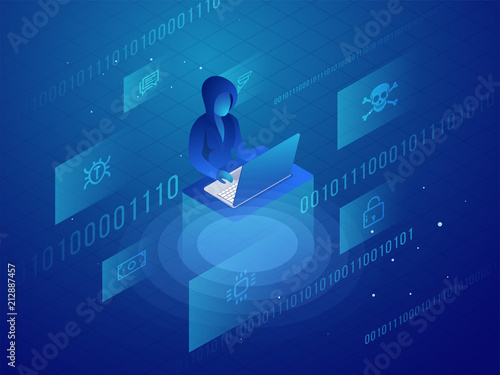 Isometric design with hacker using laptop for personal data protection or hacking concept.