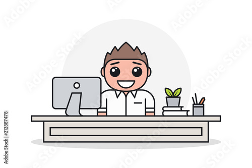 Young smiling business man or boss in a white shirt working on computer at office desk. Cartoon character in flat style