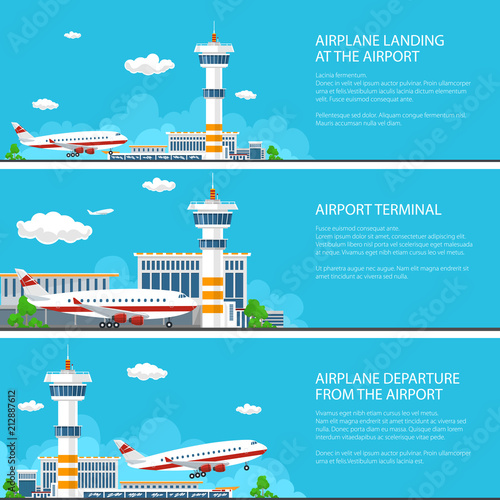 Set of Airport Banners, Arrivals and Departures from the Airport, Plane on the Runway and Control Tower , Air Travel Concept, Vector Illustration