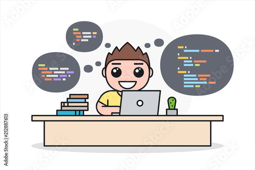 Programmer, software or web developer working on computer at office desk. Cartoon character in flat style