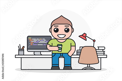 Programmer, web developer or designer with coffee standing near table in a office workplace. Cartoon character in flat style