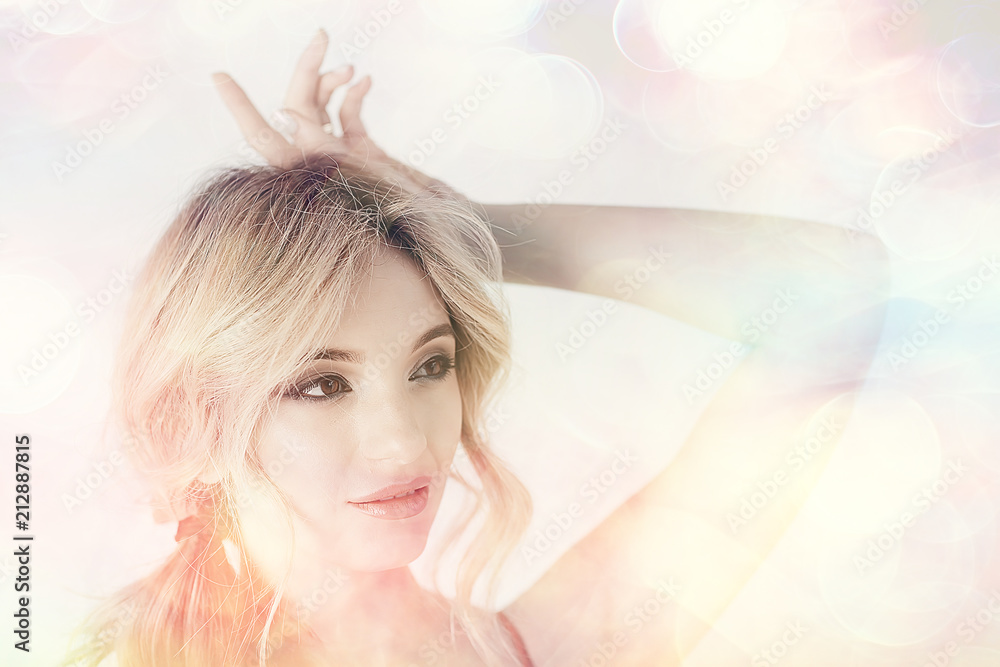 girl with summer make-up on blurred white background with pink bokeh / beautiful bright make-up, professional style glamor model